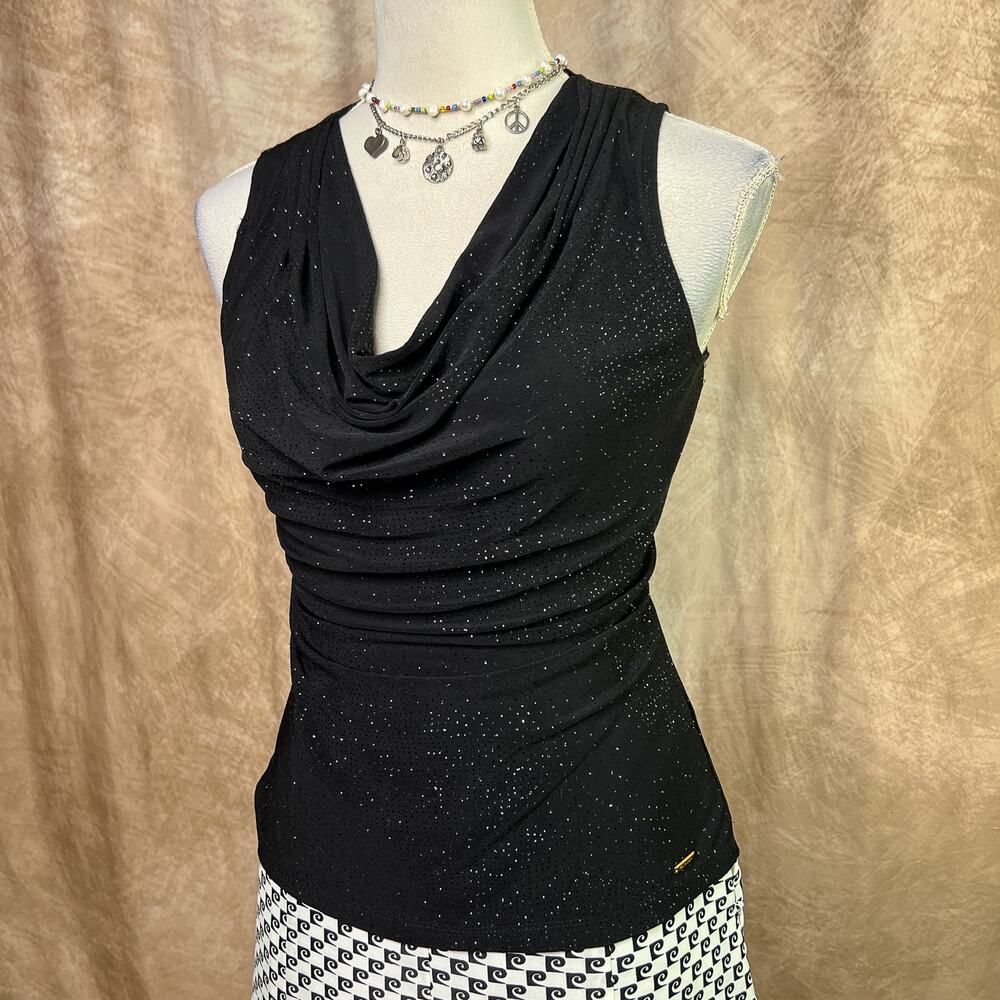 Calvin Klein Cowl Neck Top Black Glitter Sleeveless Sparkle Fitted Party Club